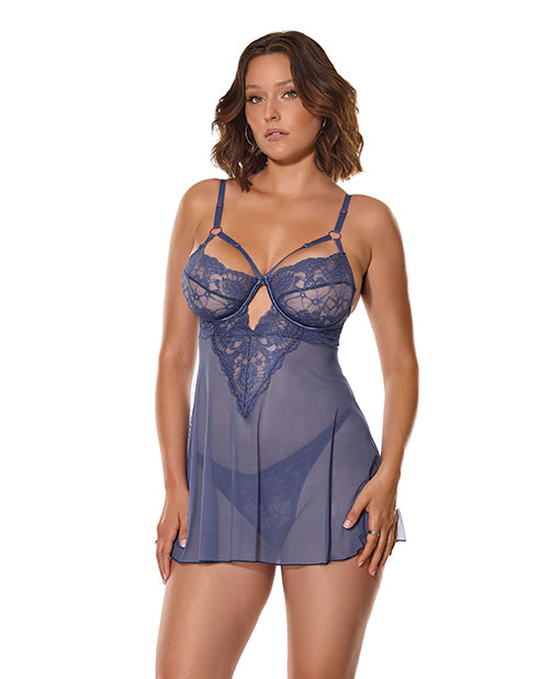 Twilight Fever Lace & Mesh Babydoll w/G-String - Navy LG