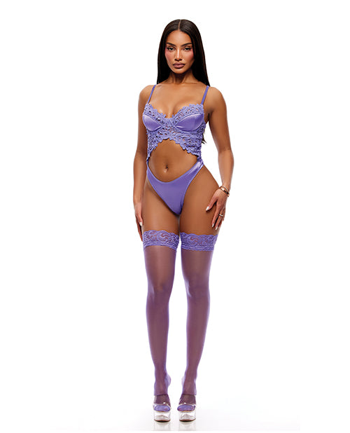 See It Through Guipure Teddy Set w/Stockings - Purple MD