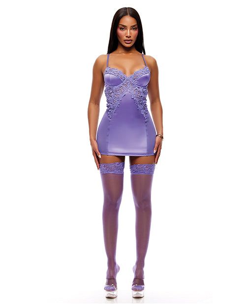 See It Through Guipure Lace Chemise w/Thong & Stockings - Purple XL