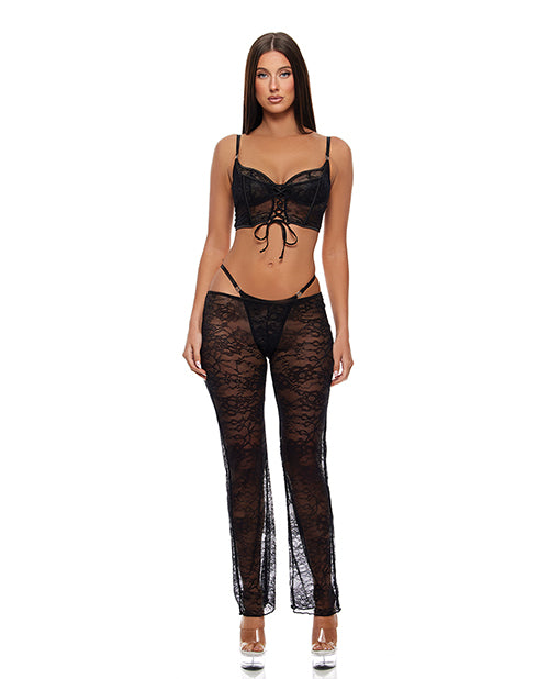 Layer of Seduction Lace Bra, Thong, & Pants 3 pc Set - Black MD