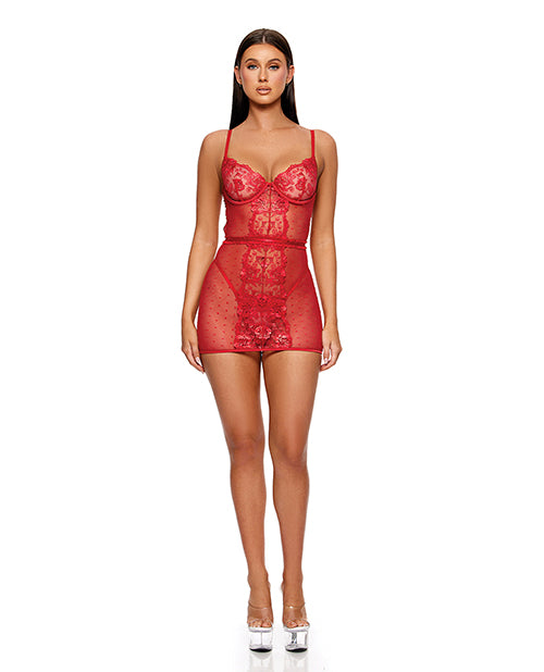 La Vie En Rose Metallic Embroidered Chemise, Panty & Belt 3 pc Set - Red LG