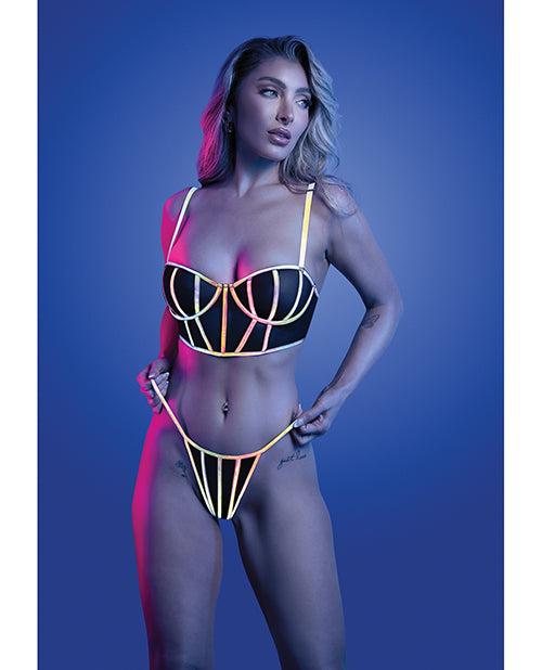 Solar Flare Flash Reflective Binding Underwire Bra & Thong - Black S/M
