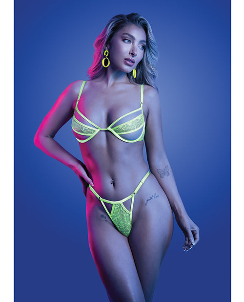 Mind Control UV Reactive Lace and Mesh Underwire Bra & Thong - Neon Green L/XL