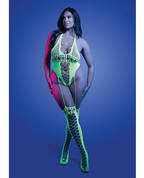 Paradigm UV Reactive Halter Teddy Bodystocking - Neon Green QN