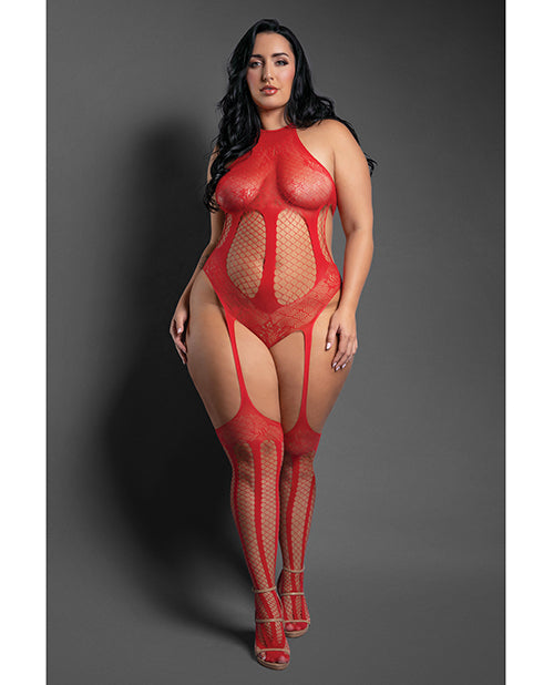 Sheer Stripped Down Mesh Body Stocking - Red QN
