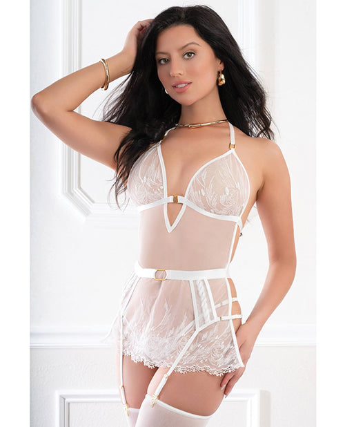 Sheer Lace Apron Style Babydoll, Garters, Open Back Panty & Stockings - White O/S