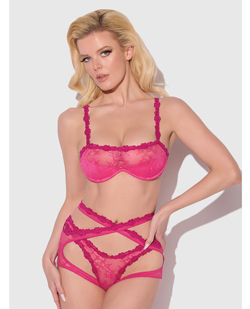 Yvone Lace Bra w/Removable Straps, Garter & Tanga Panty 3 pc Set - Pink LG