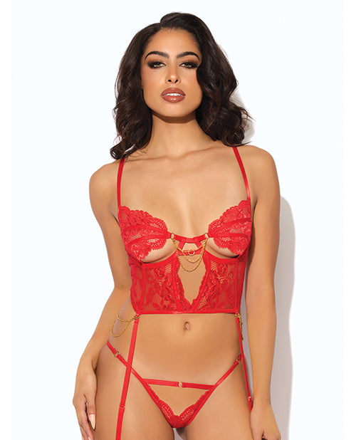 Cecily Lace & Mesh Bustier w/Thong & Garter Straps - Red XL