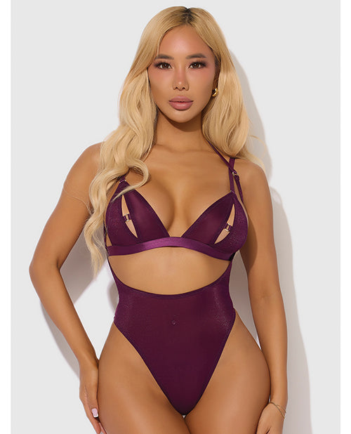 Yasmine Shimmer Mesh Slit Cup, Backless Teddy & Bralette Set - Burgundy MD