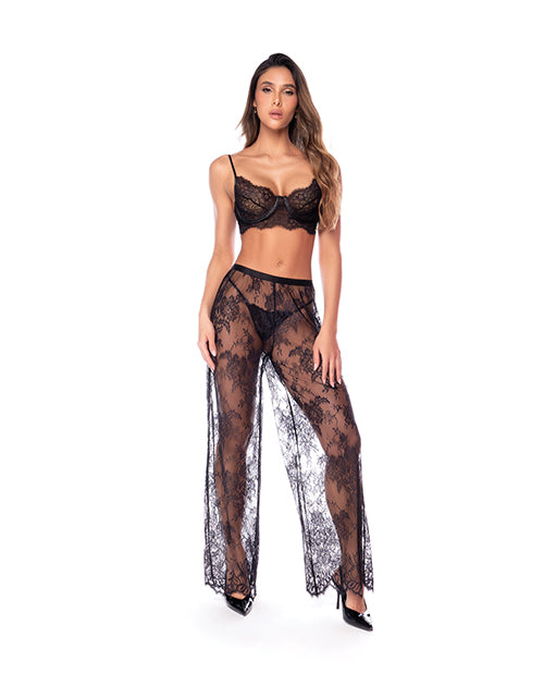 Underwire Lace Bra, Lace Wide Leg Pants, & Thong 3 pc Set - Black LG