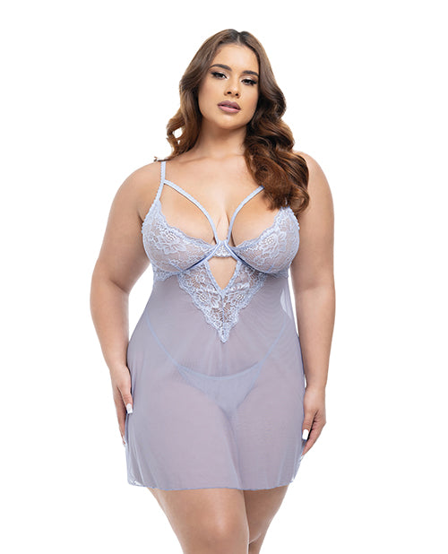 Elsie Lace & Mesh Underwire Babydoll w/G-String 2 pc Set - Brunnera Blue 1X/2X