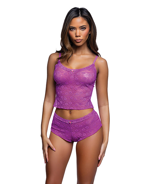 Lacy Lounger Floral Lace Camisole w/Matching Shorts - Fuchsia L/XL